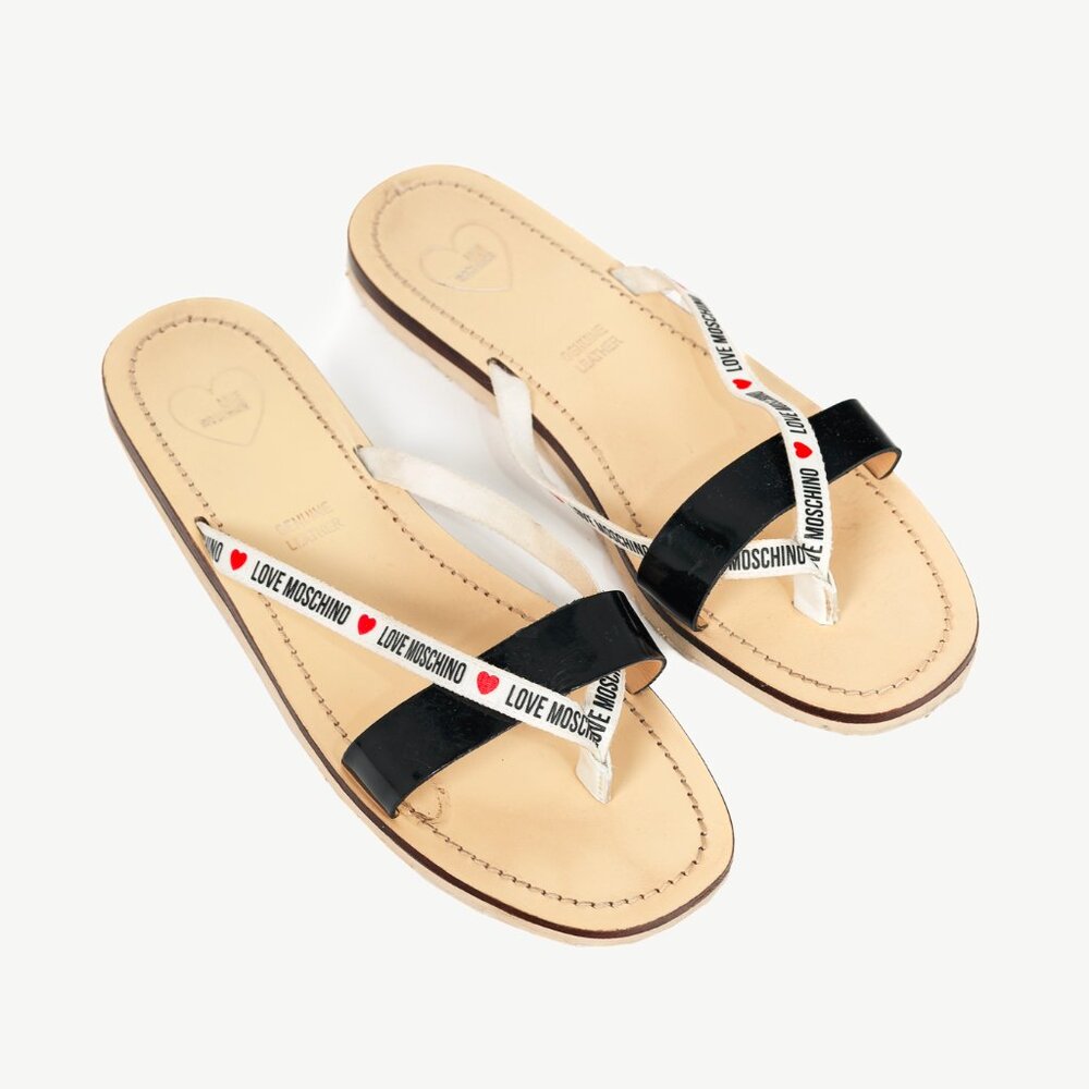 Love Moschino Black PVC Logo-Strap Thong Sandals
